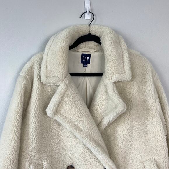 GAP Sherpa Jacket Coat Birch Off White Double Breasted Faux Fur Size Large - Picture 3 of 7